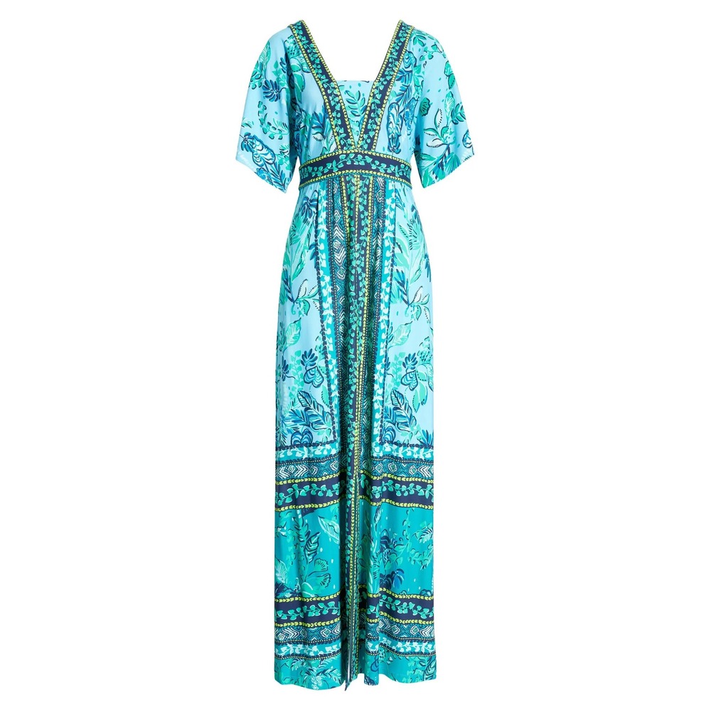 Lilly Pulitzer Ilia Floral Maxi Dress Blue Green Tropical V-Neck Size 10‎